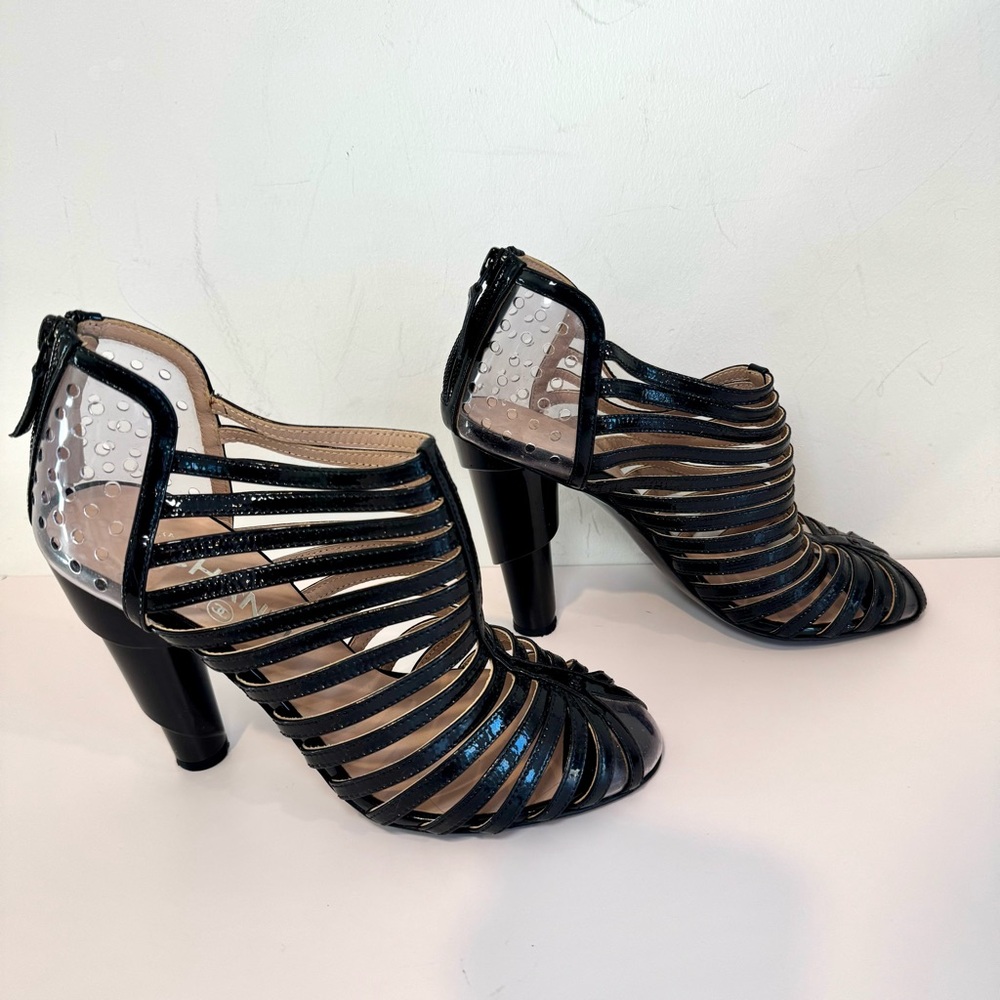 Chanel Black Patent Leather & Clear PVC Cage Block Heel Pumps W CC Logo, Sz 38 - Picture 2 of 13